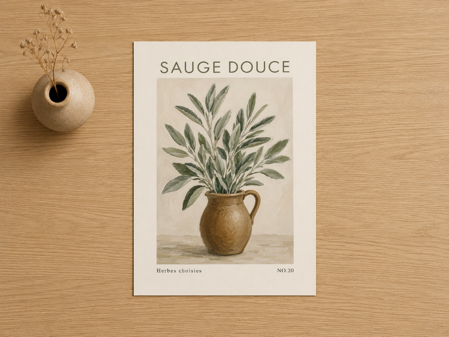 Sauge Douce tablosu, ahşap zemin üzerinde sergilenmiş botanik sanat baskısı.