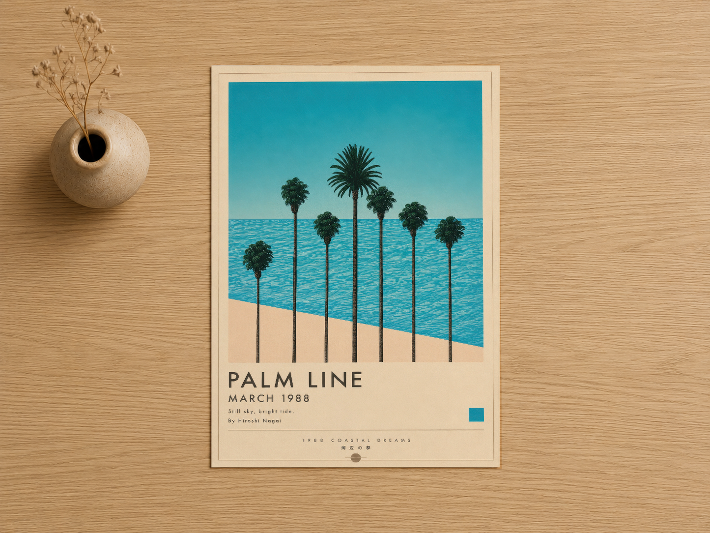 Retro tasarımıyla ticari sanat akımını yansıtan, palmiye ve deniz temasında minimalist çizgi desenli poster baskısı.