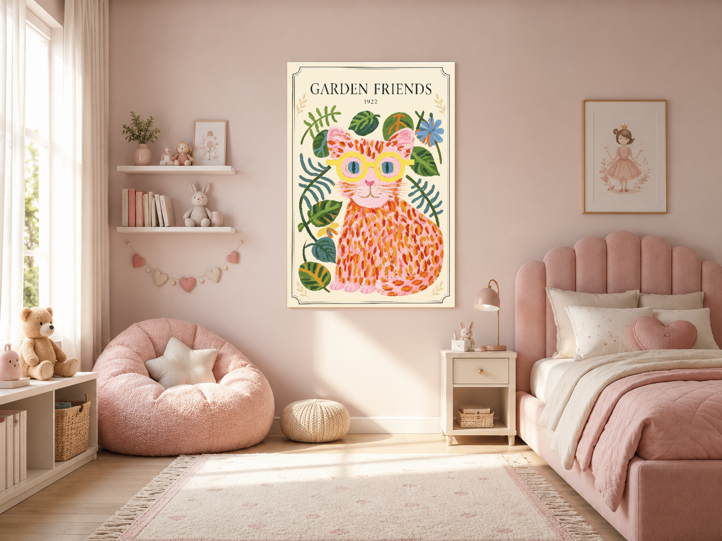Sanat baskısı, pembe tonlu genç kız odasında, pembe yatak başında duvar dekorasyonunu tamamlıyor.