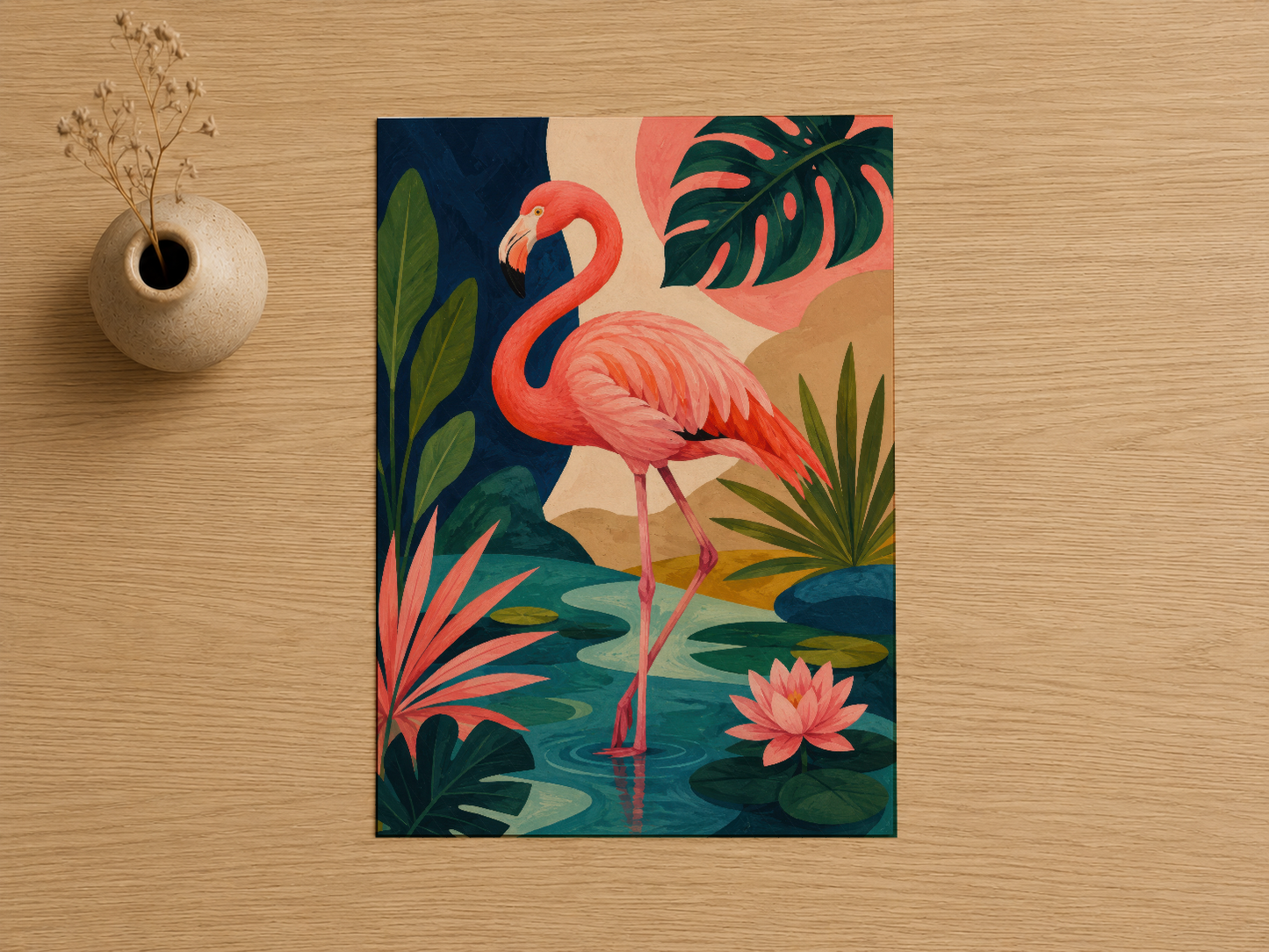 Mavi, pembe ve yeşil tonlarında, yapraklı su bitkilerinin ortasındaki flamingo sanat baskısı.