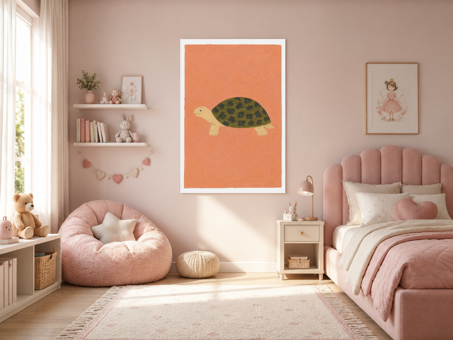 Pembe tonlarda çiçekli bir kız odasının merkezinde, mercan renginde kaplumbağa motifli duvar sanat tablosu.