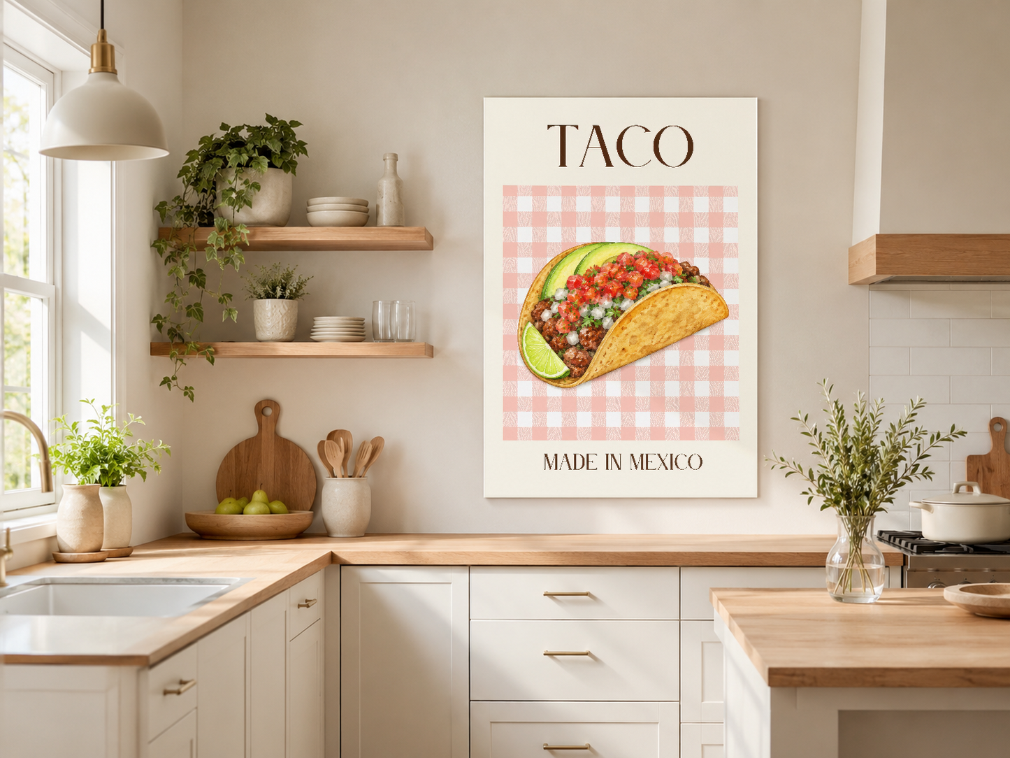 Sarı tortilla ve lime dilimi ile doldurulmuş taco tasarımı, pembe kareli pattern ve retro stil poster.