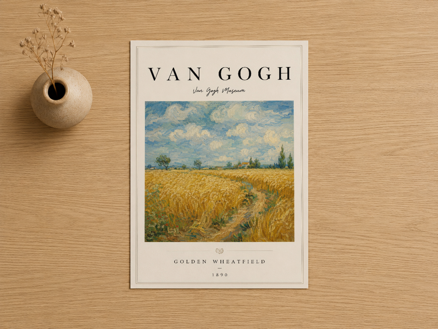 Van Gogh Altın Buğday Tarlası posteri, 1890 orijinal sanat eserinin hafif çerçeveli baskısı, klasik müze stilinde sunuş.