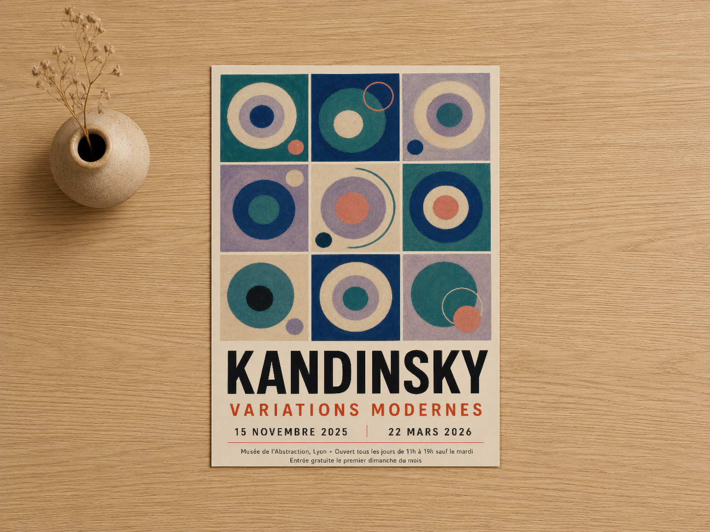 Kandinsky Variations Modernes posteri, neş'eli dokuz panelli daire motifler ve sanat müzesi afişi stilinde tasarlandı.