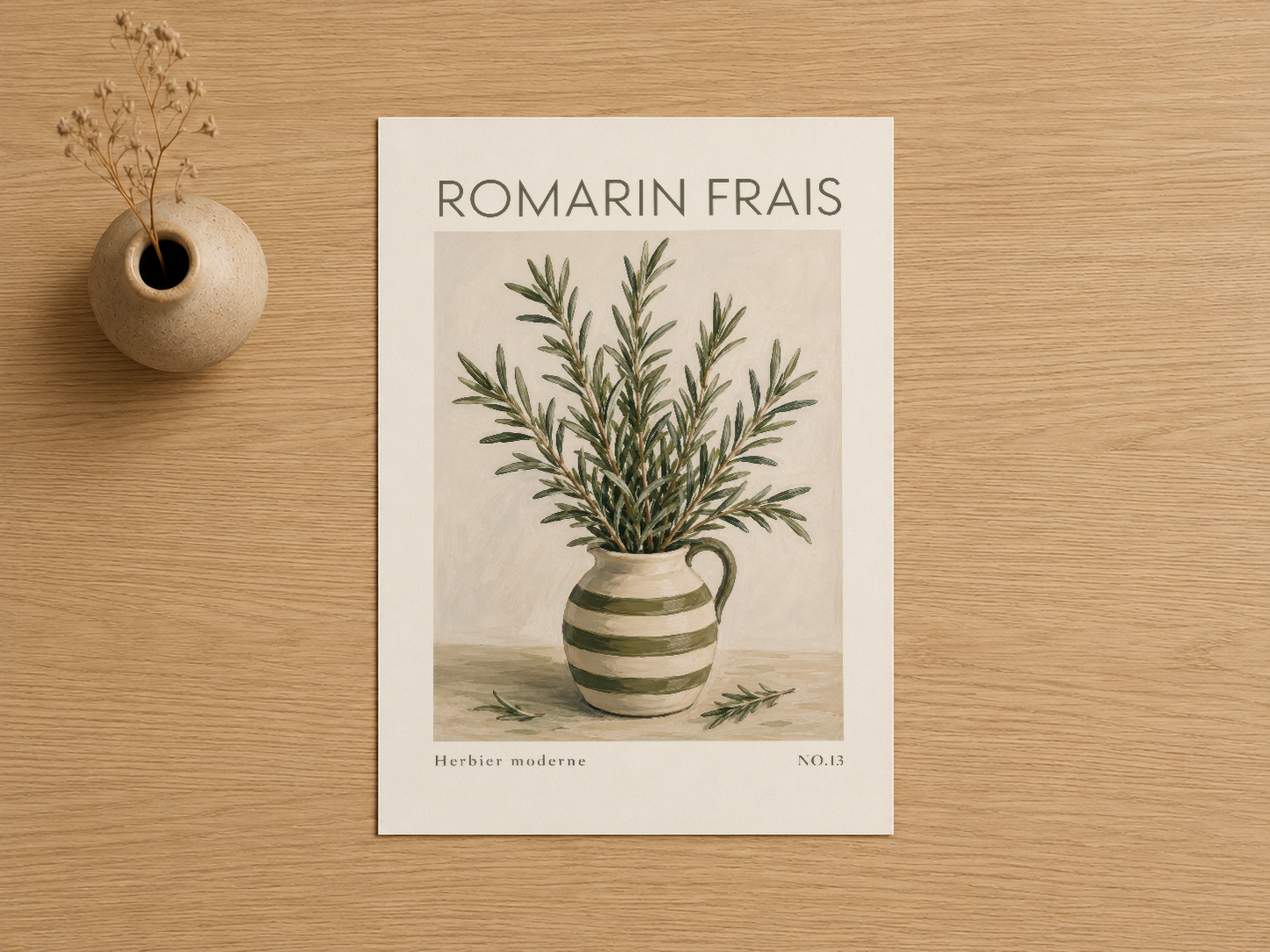 Romarin Frais poster, çizgiçitli seramik saksıda yeşil bitkinin botanik illüstrasyonu.