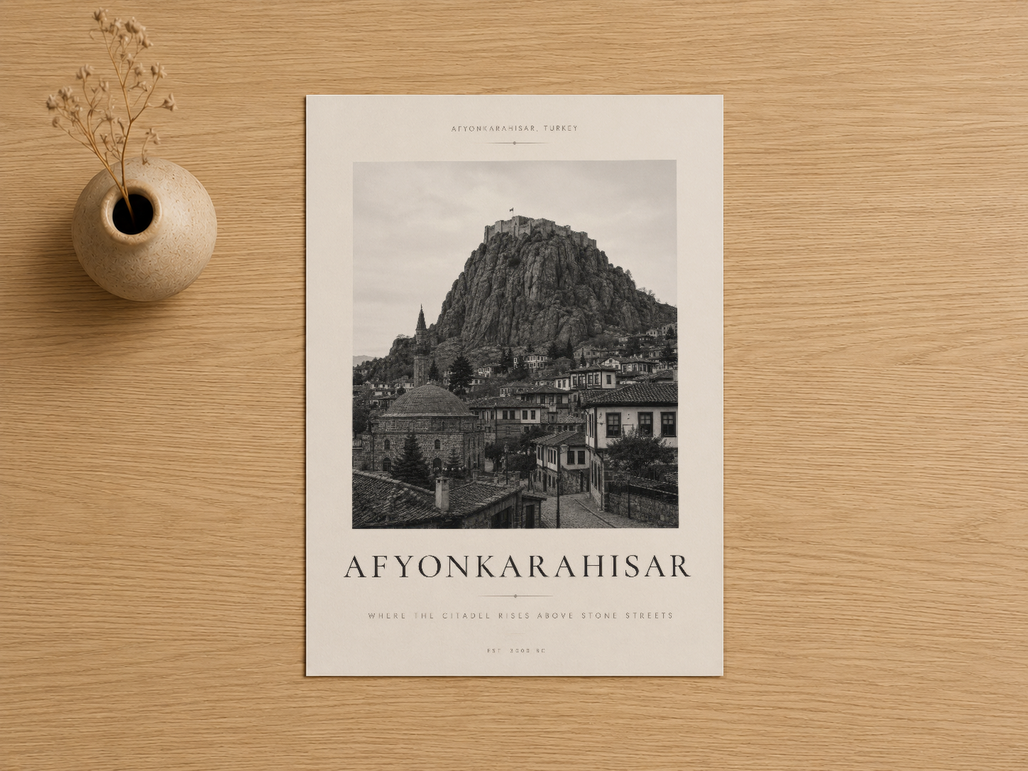 Afyonkarahisar şehrinin ikonik kalesini gösteren, şık beyaz çerçeveli duvar tablosu, minimalist sanat baskısı.