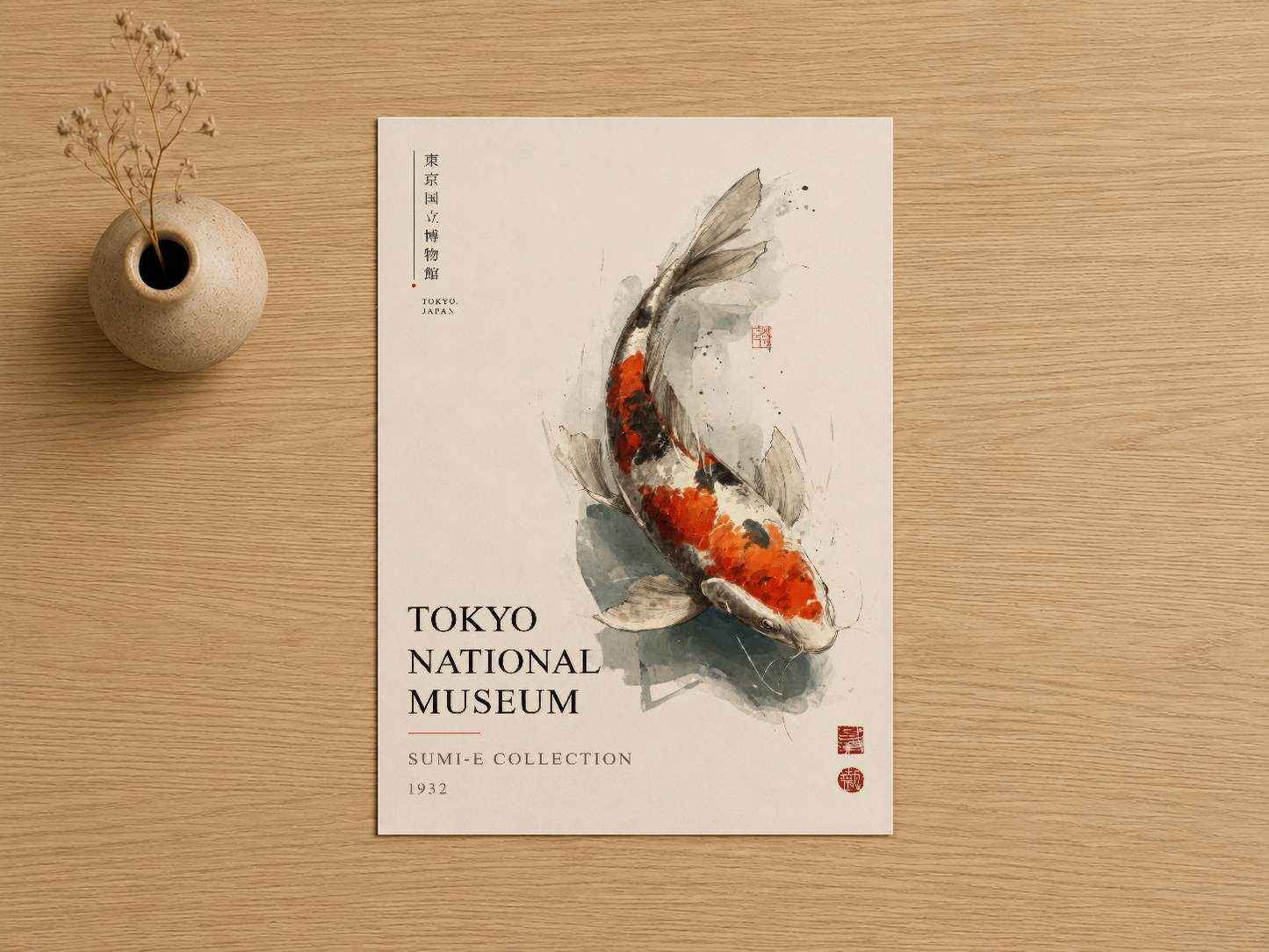 Tokyo National Museum Sumi-e koleksiyonundan 1932 tarihli, naranja ve gri tonlu koi balığı motifli geleneksel Japon sanat