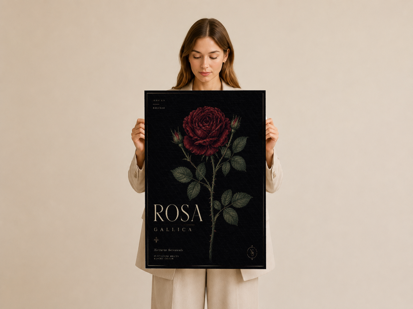 Kırmızı gül botanik tasarımı, siyah arkaplan üzerinde Rosa Galeica yazısı ile dekoratif sanat baskısı.