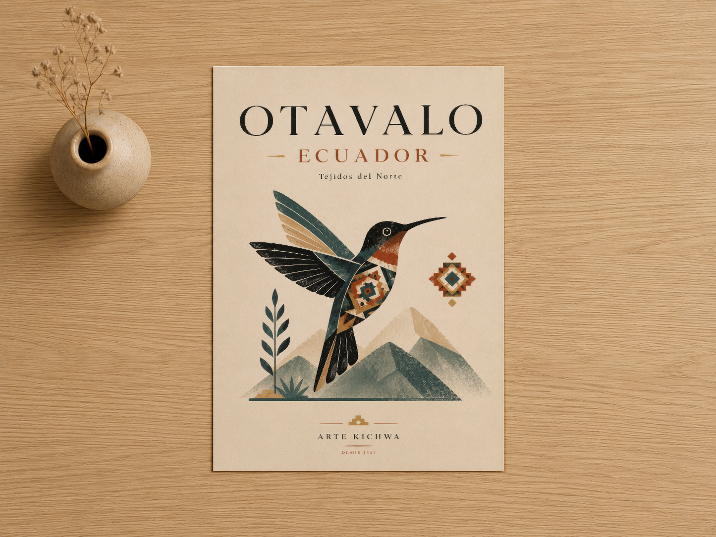 Otavalo Ecuador tablosu, kolibri ve dağ motifleriyle boho tarzda tasarlanmış duvar sanatı.