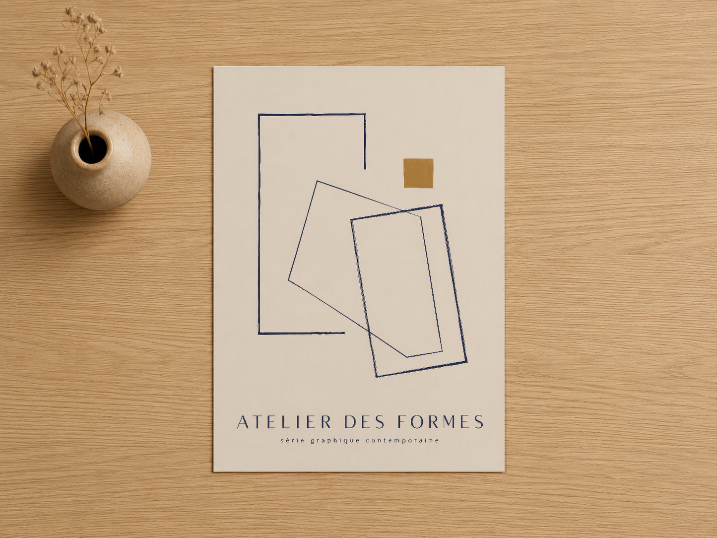 Atelier Des Formes adlı soyut geometrik tablo, lacivert hatlar ve altın detaylarla hazırlanmış sanat baskısı.