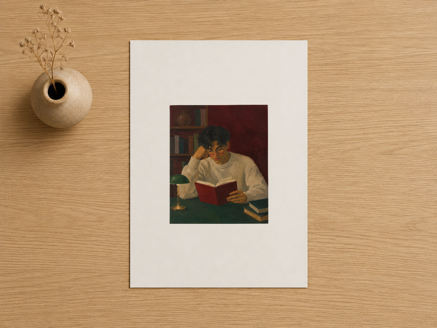 Kitap okuyan figürü gösteren sıcak renkli sanat baskısı, beyaz matla çerçevelenmiş.