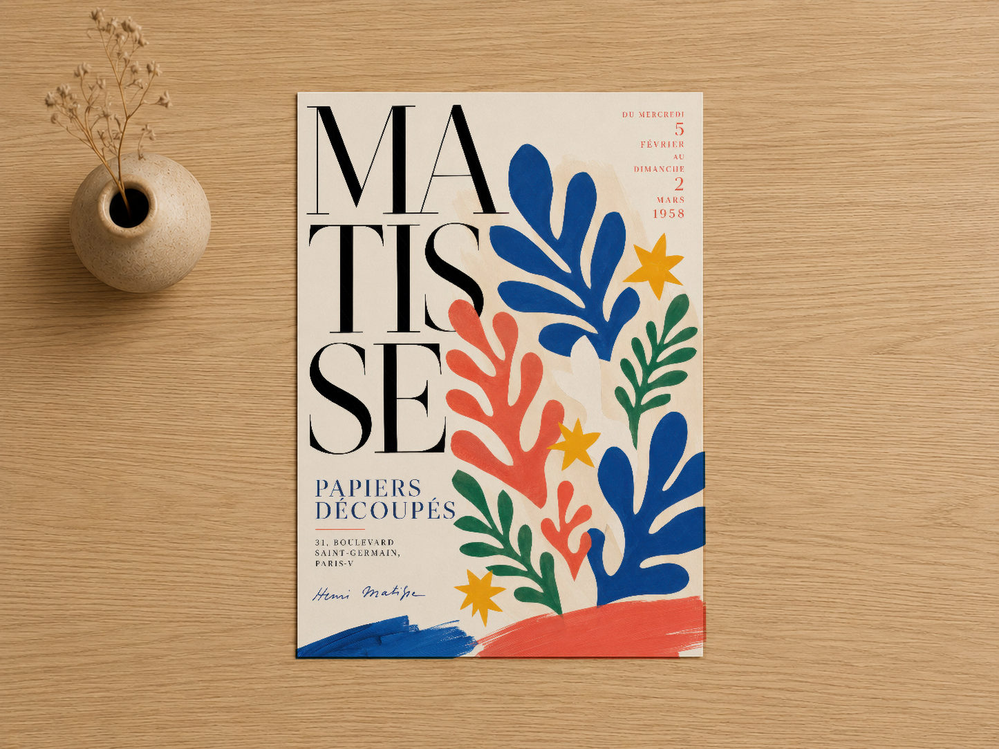 Matisse-ilham sanat baskısı, stilize yapraklar ve geometrik formlarla sahnelenen dekoratif ve nötr bir bileşim.