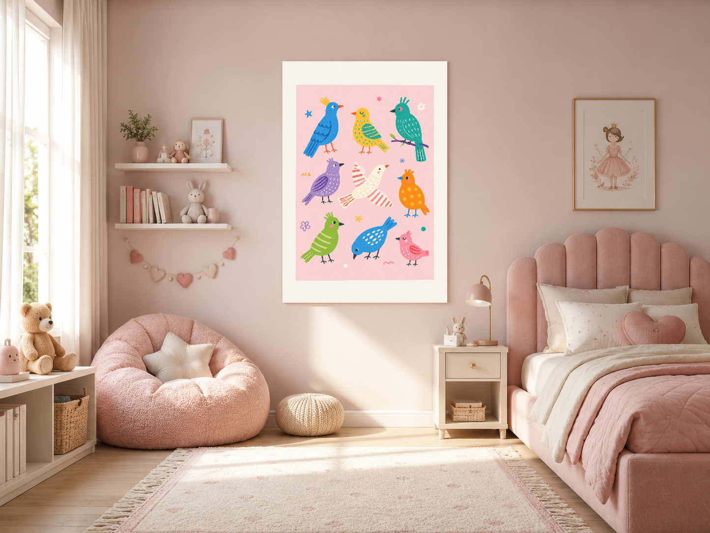 Pembe tonlarda canlı kuş deseni, genç kız yatak odasının romantik dekorasyonunun merkez parçası.