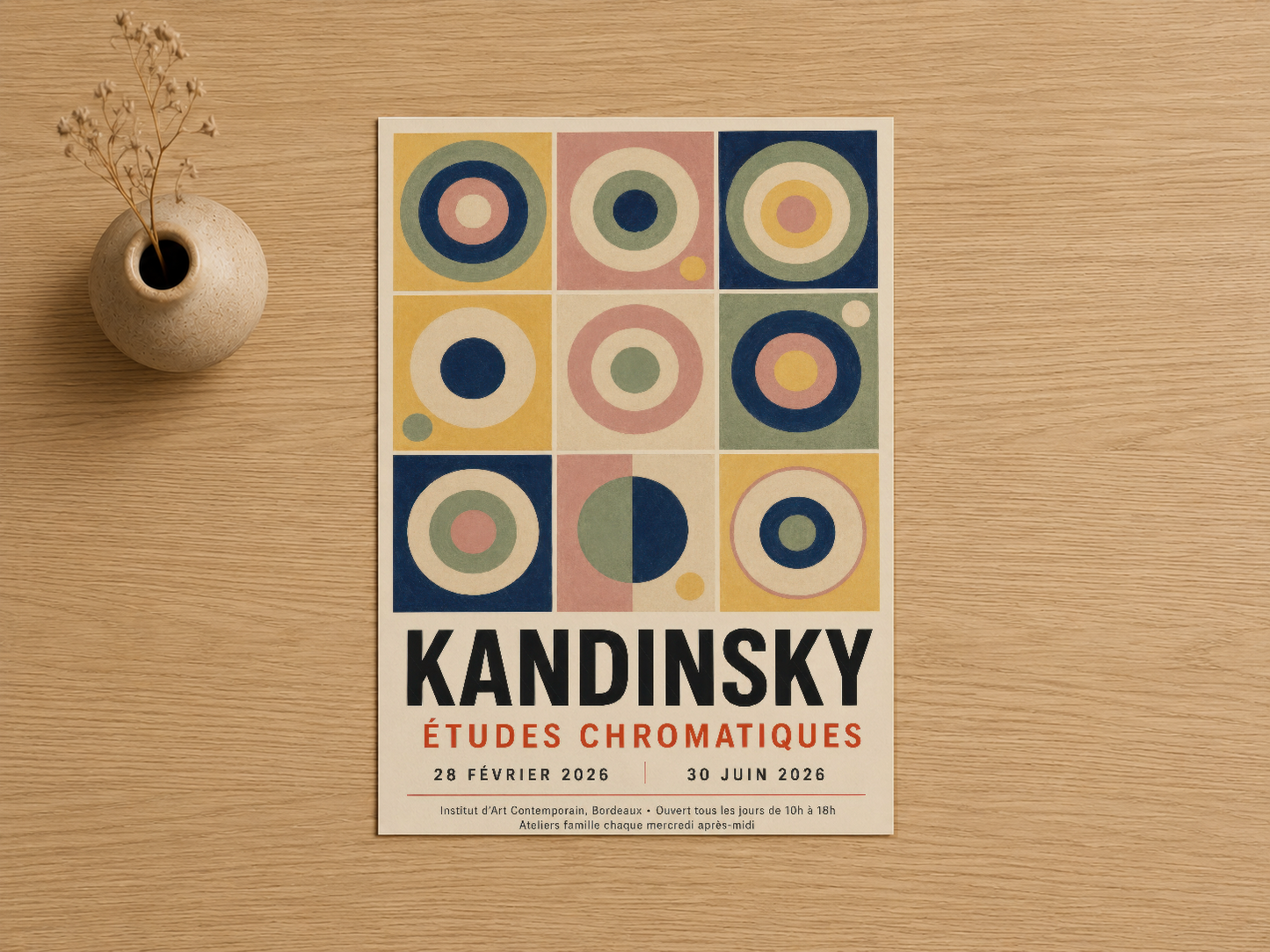 Kandinsky'nin ikonik çok renkli dokuz kare tasarımı, beyaz çerçeveli duvar tablosu.
