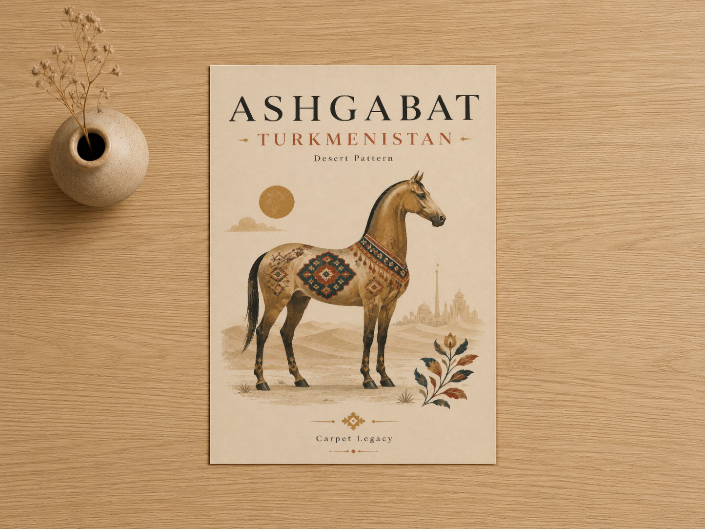 Ashgabat Turkmenistan sanat baskısı, geleneksel at motifi ve çöl deseni, krem zemin üzerinde detaylı illüstrasyon.