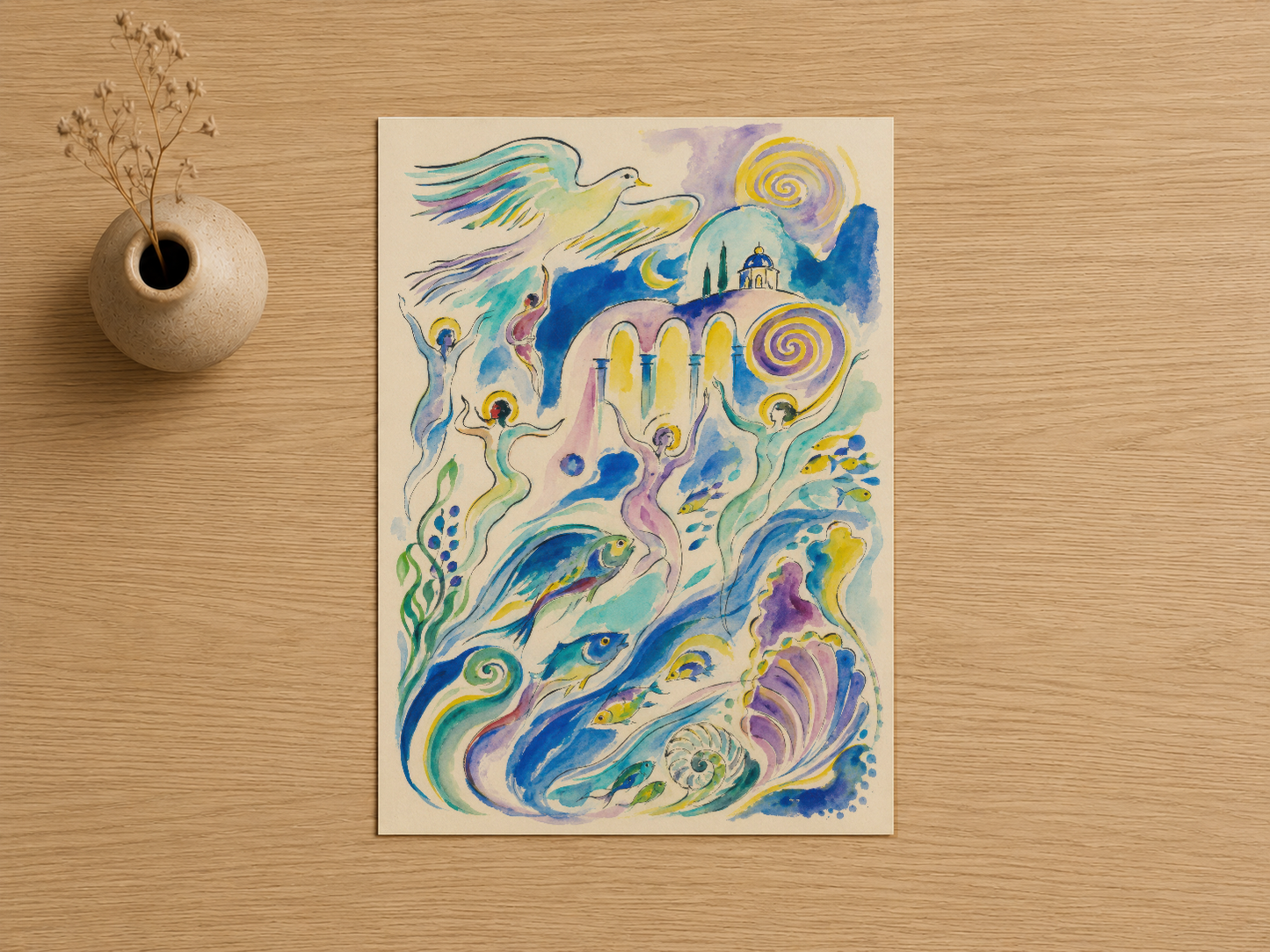 Açık ahşap masa üzerine konumlandırılmış, mavi-sarı spiral ve kuş figürlü sanatsal duvar posteri.