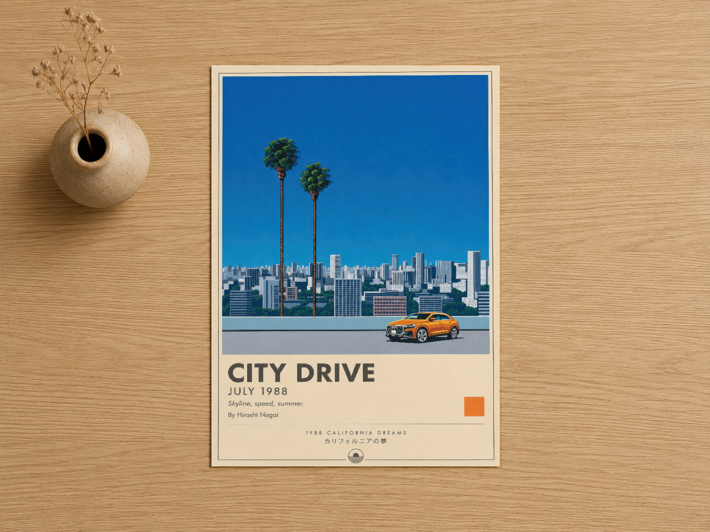 Vintage City Drive posteri, 1988 tasarımı, palm ağaçları ve şehir manzarasıyla nostaljik bir estetik sunuyor.