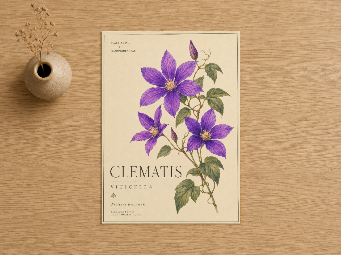 Clematis viticella botanik sanatı, zarif mor çiçek detaylarıyla çerçeveli duvar tablosu.