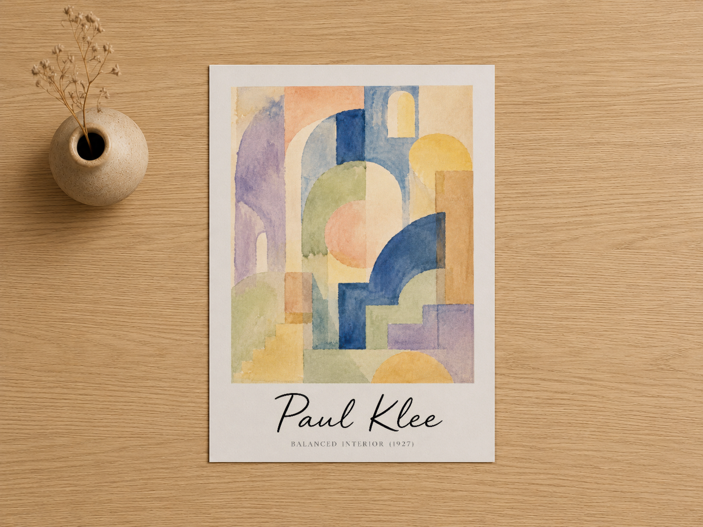 Paul Klee'nin Balanced Interior adlı eserinin orijinal baskı, sarı ve mavi geometrik formlardan oluşan soyut kompozisyon.