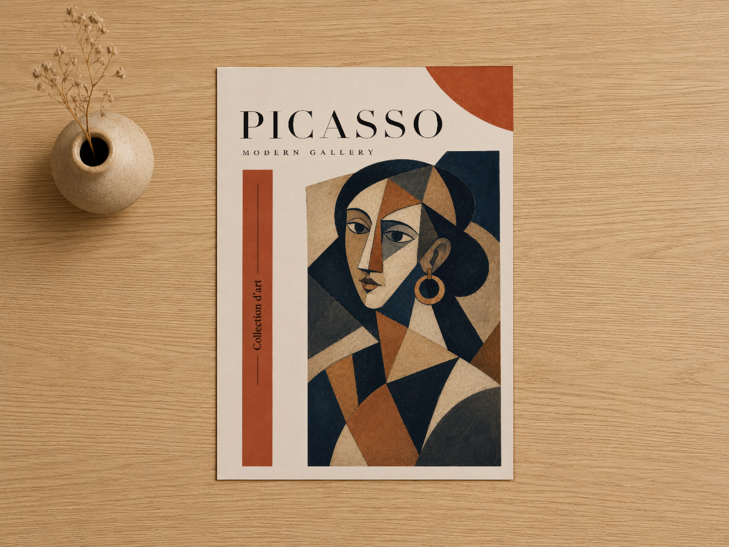 Picasso Modern Gallery baskısı, turuncu, lacivert ve bej tonlarıyla soyut yüz tasarımı sunuyor.