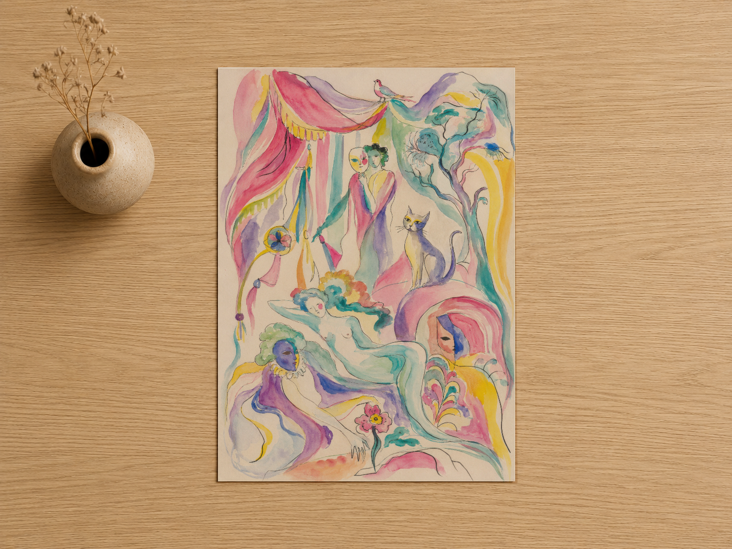 Canlı figürlü soyut sanat tablosu, pembe, mor, sarı ve yeşil tonlarında dekoratif akışkan desenler içeren poster.