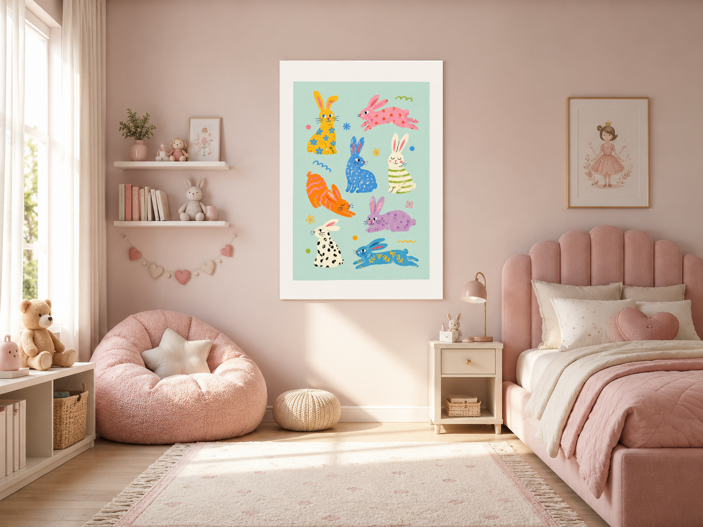 Sevimli hayvan karakterlerinin yer aldığı renkli poster, pembe çocuk yatak odasında duvar sanatı olarak sergileniyor.
