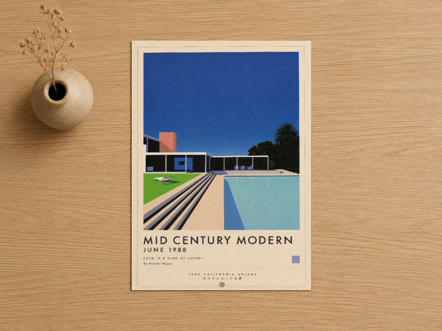 Krem çerçeveli, retro tasarımlı mid-century modern mimarı posteri çok renkli ve ilham verici görünüm.