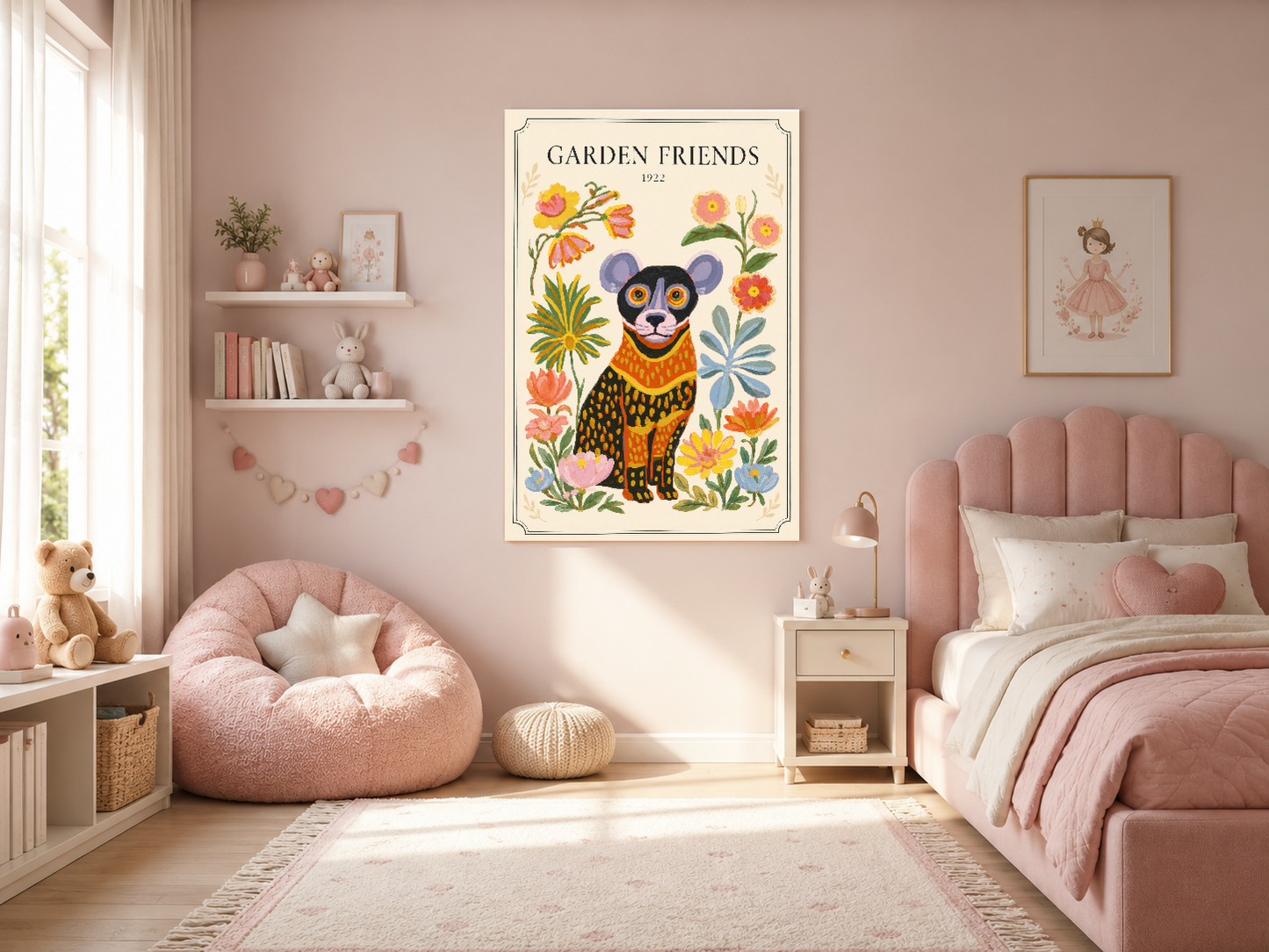 Pastel pembe tonlarındaki yatak odasında, vintage çiçek desenli ayı tablosu duvar dekorasyonu.