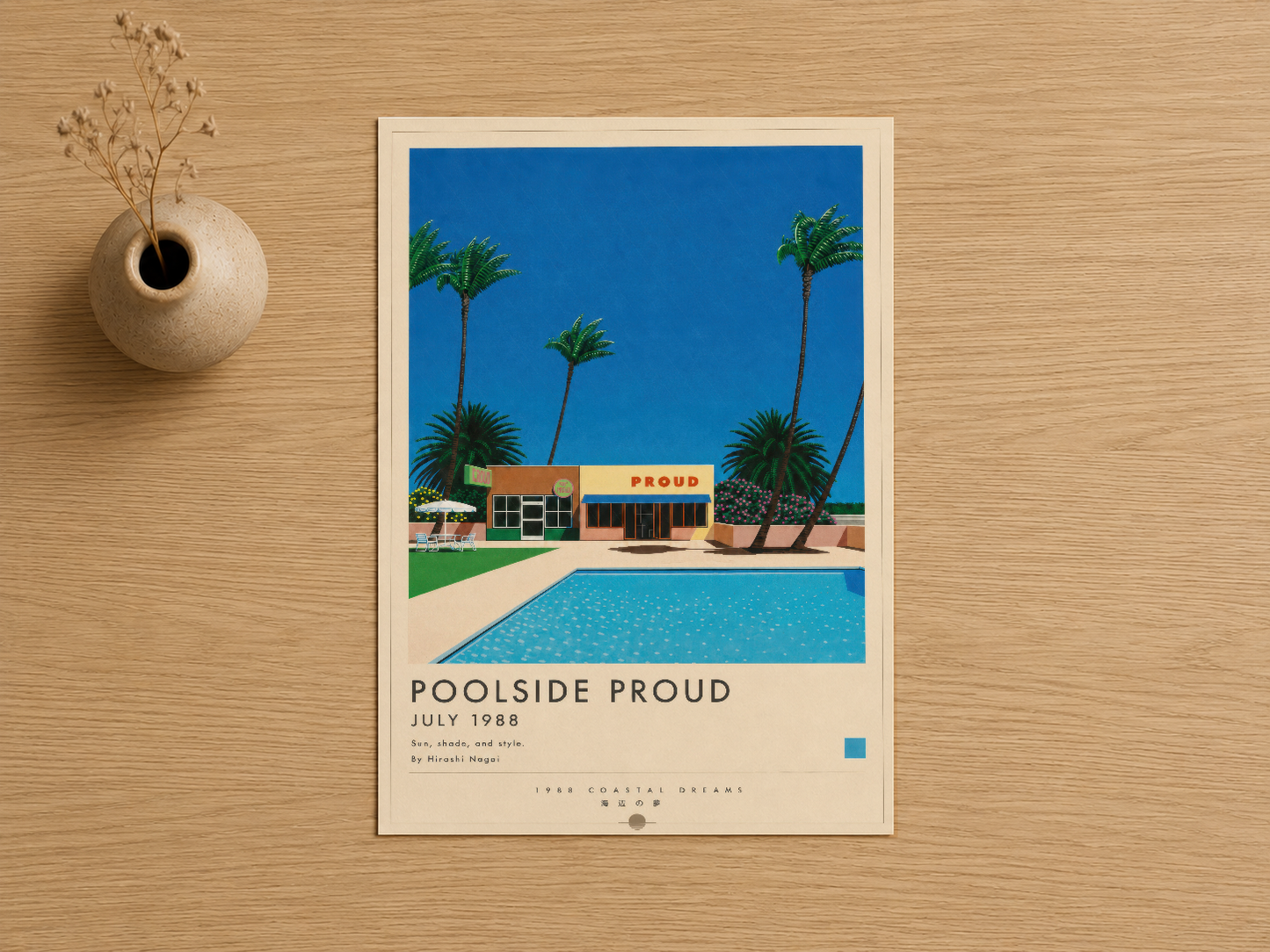 Bright mavi gökyüzü, yeşil palmiyeler ve turkuaz havuzu gösteren retro tarz poolside posteri.