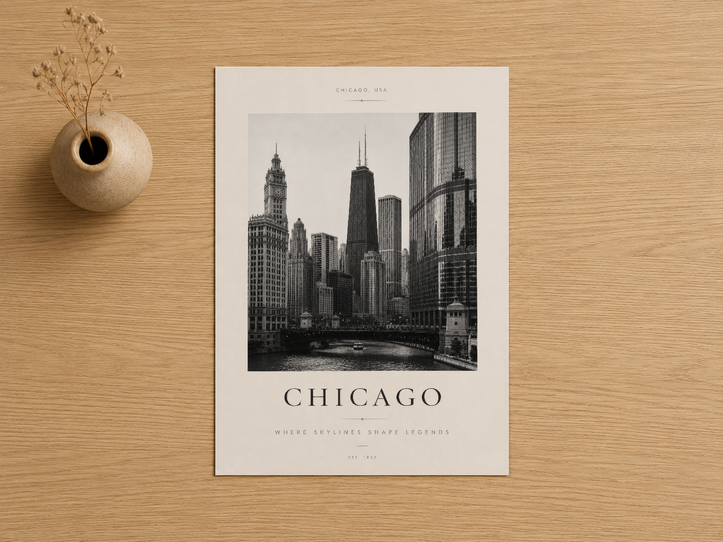Chicago şehrinin ikonik gökdelenleri siyah beyaz fotoğrafik posterinde.