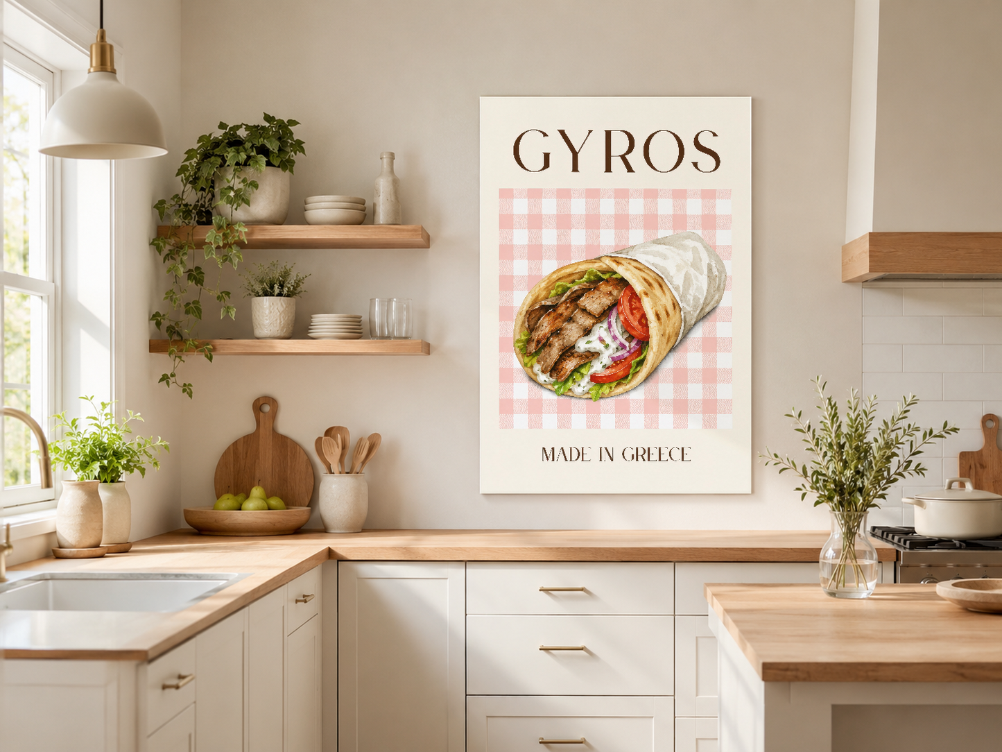 Made in Greece yazılı gyros posteri, pembe gingham desen ile retro stil mutfak tablosu.