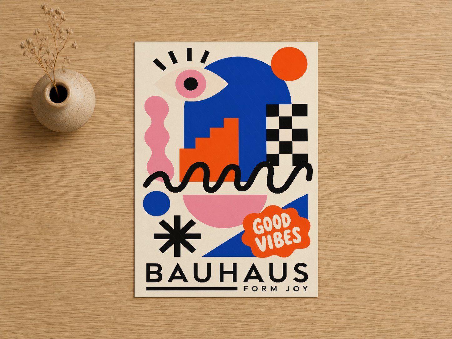Bauhaus Form Joy tablosu, mavi, pembe ve turuncu geometrik unsurlarla oluşturulmuş sanatsal baskı.