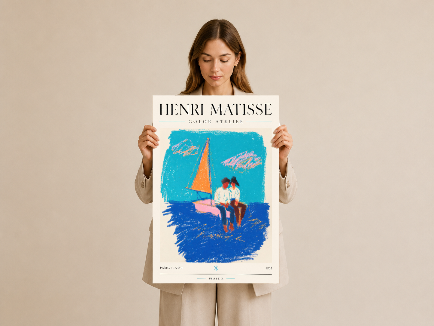 Henri Matisse Color Atelier triptik, yelkenlı teknede oturan figürün tasvir edildiği vintage poster stili tablo.