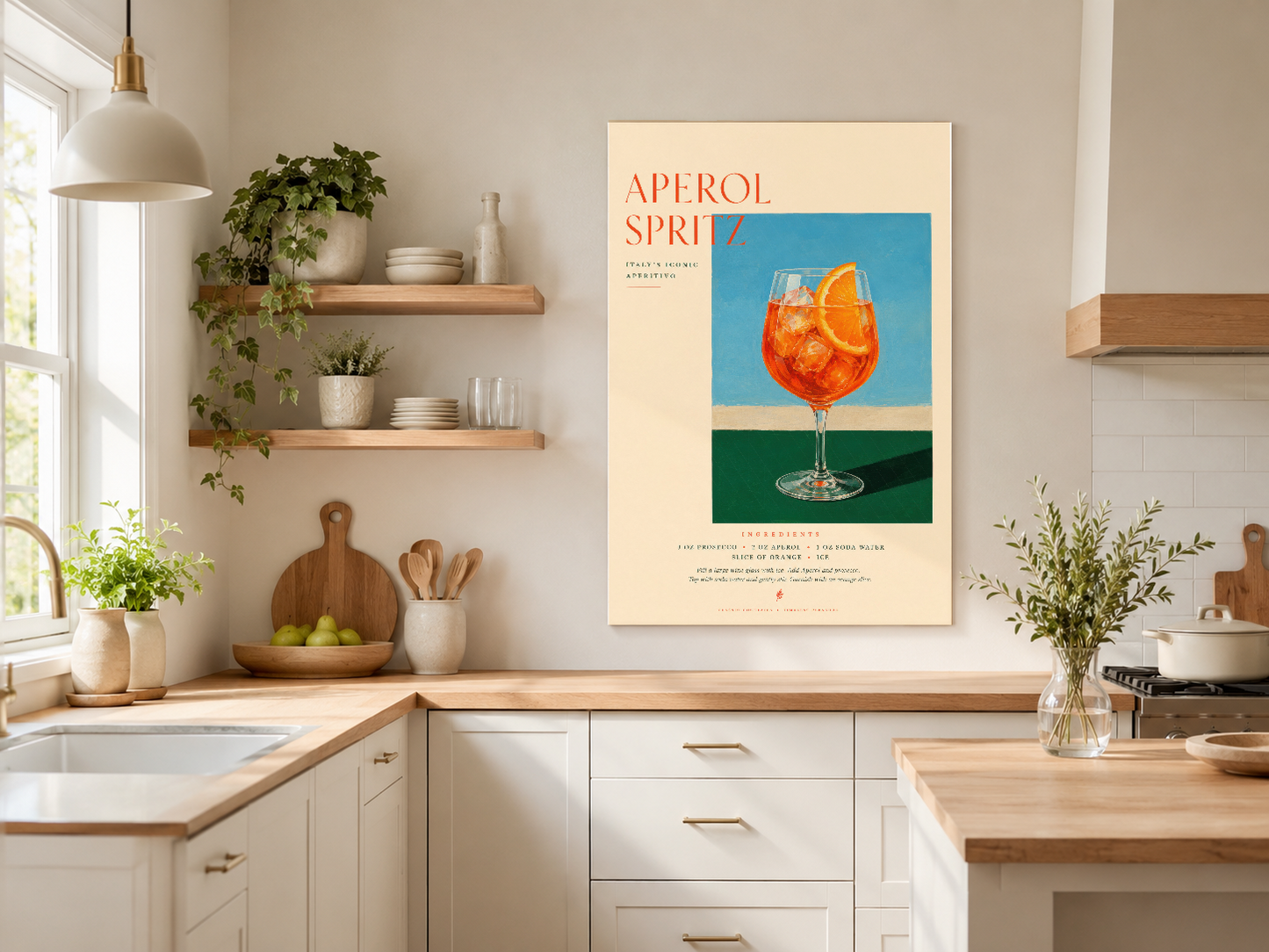 Retro kokteyl posteri, turuncu Aperol Spritz çizimiyle aydınlık mutfakta zarif ve işlevsel duvar süsü.