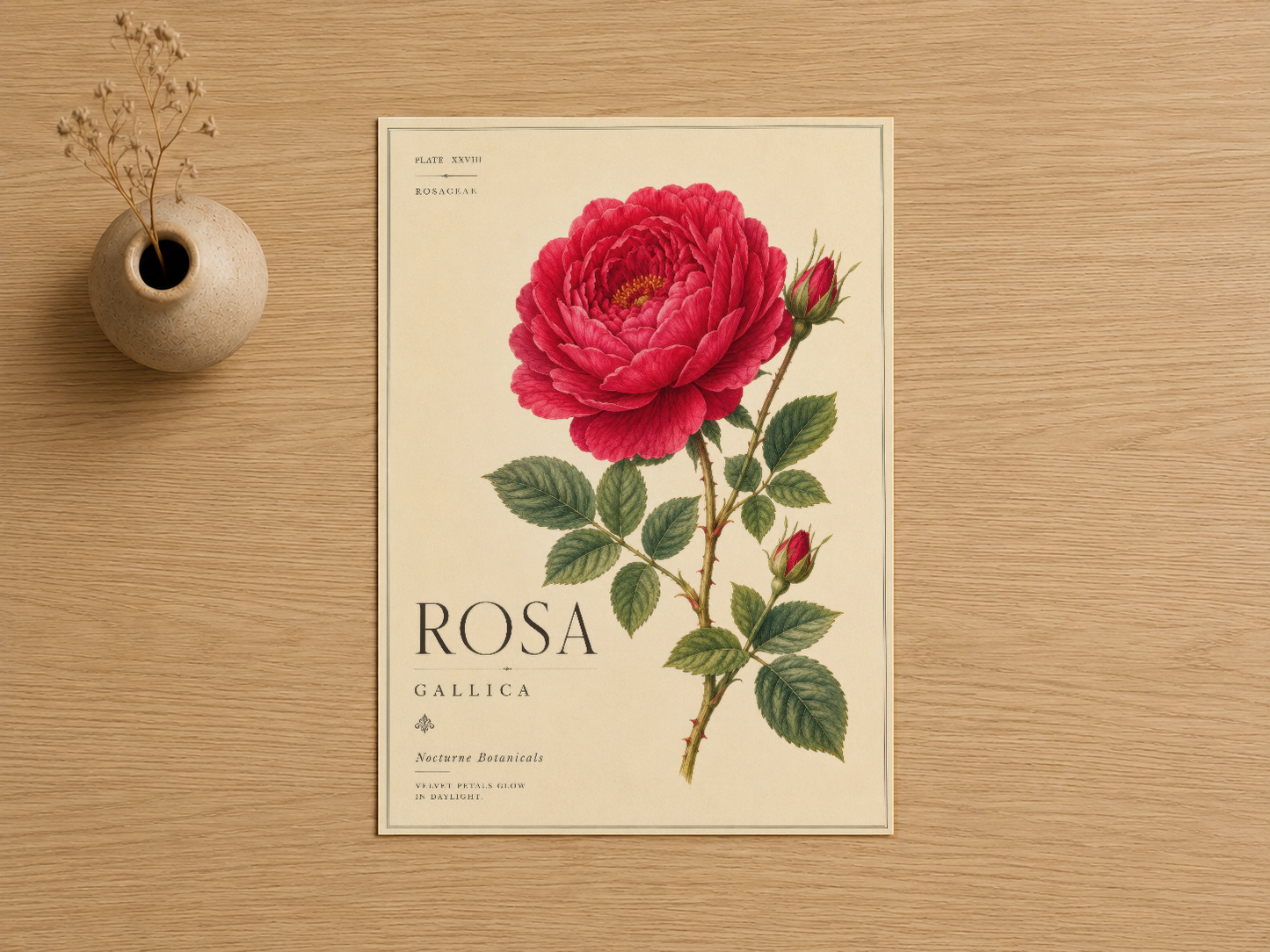 Vintage tarzı kırmızı gül baskısı, botanik illüstrasyon, Rosa Gallica sanat tablosu, doğal ahşap arka plan.
