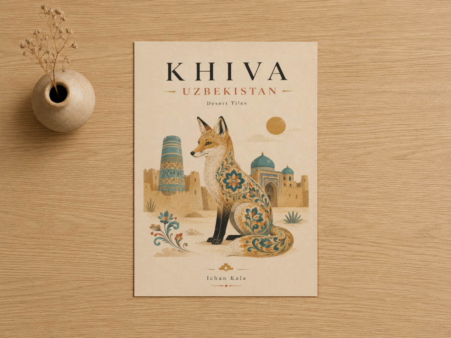 Khiva Özbekistan Desert Tiles tasarımı, koyu tüyler ve seramik vazo ile ahşap masada sunulan baskı.