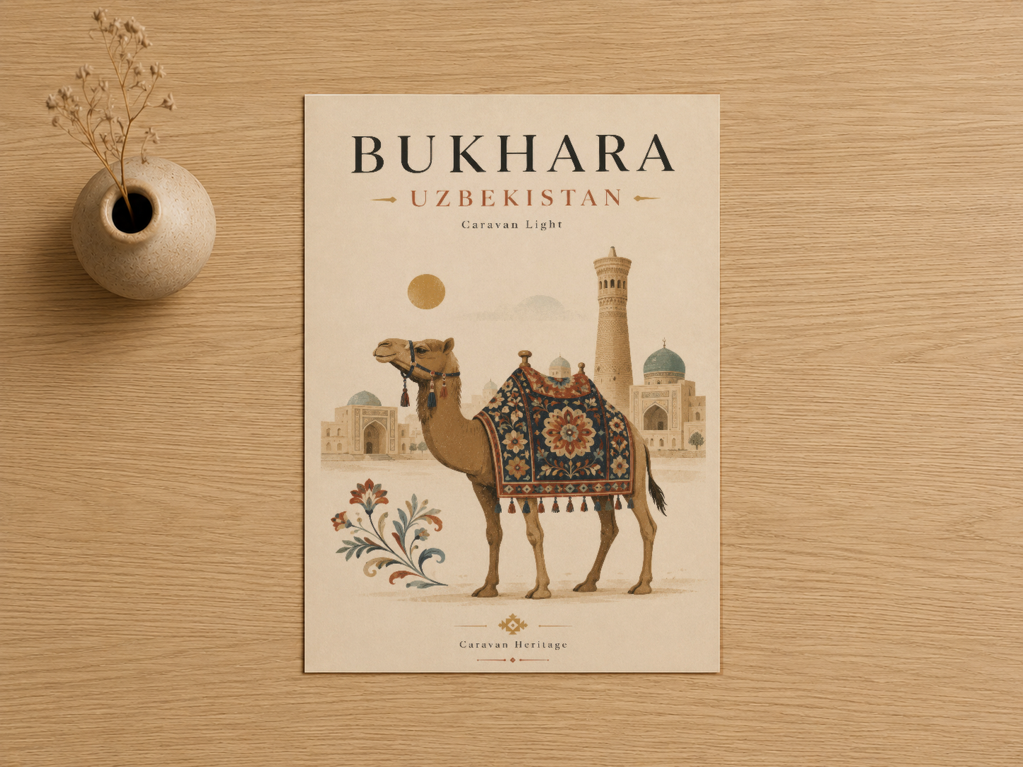 Bukhara Özbekistan tablosu, deveye binmiş figür ve geleneksel İslami mimaresi gösteren dekore edilmiş poster baskı.