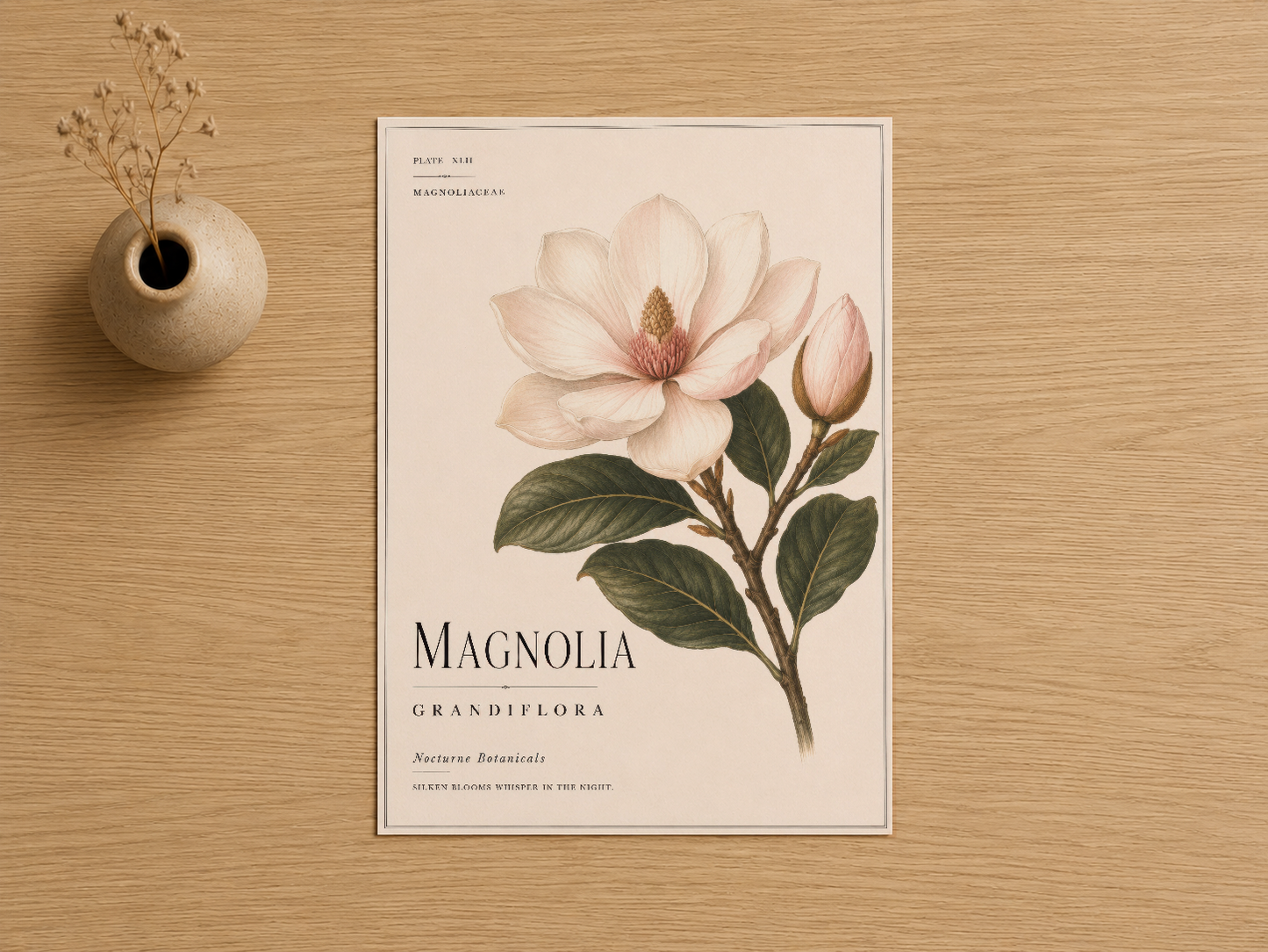 Magnolia grandiflora botanik poster, vintage stilinde pembe çiçek ve botanik metin detaylarıyla zarif tasarım.