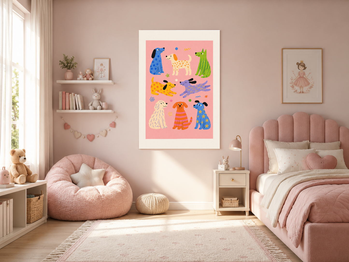 Pembe renkli köpek teması tablo, kız çocuk yatak odası başucunda modern duvar dekoru.
