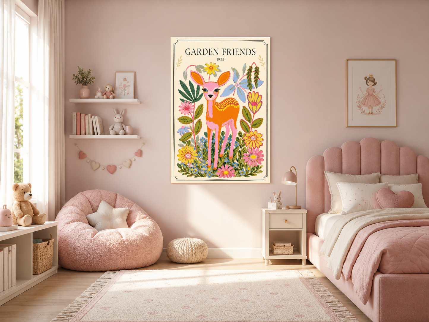Pembe yatak odası dekoru içinde Garden Friends tablosu, yumuşak renk paletine uyum sağlıyor.