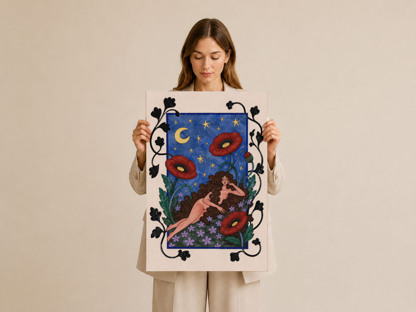 Poppy çiçekleri ve ay motifli dekoratif panel tablo, sürreal ve botanik sanat tarzında tasarlanmış.