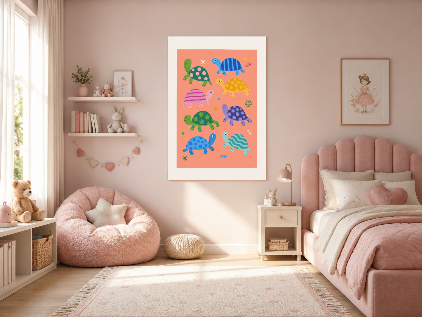 Pembe tonlu kız çocuk yatak odasında, kaplumbağa temalı duvar sanatı tablosu.
