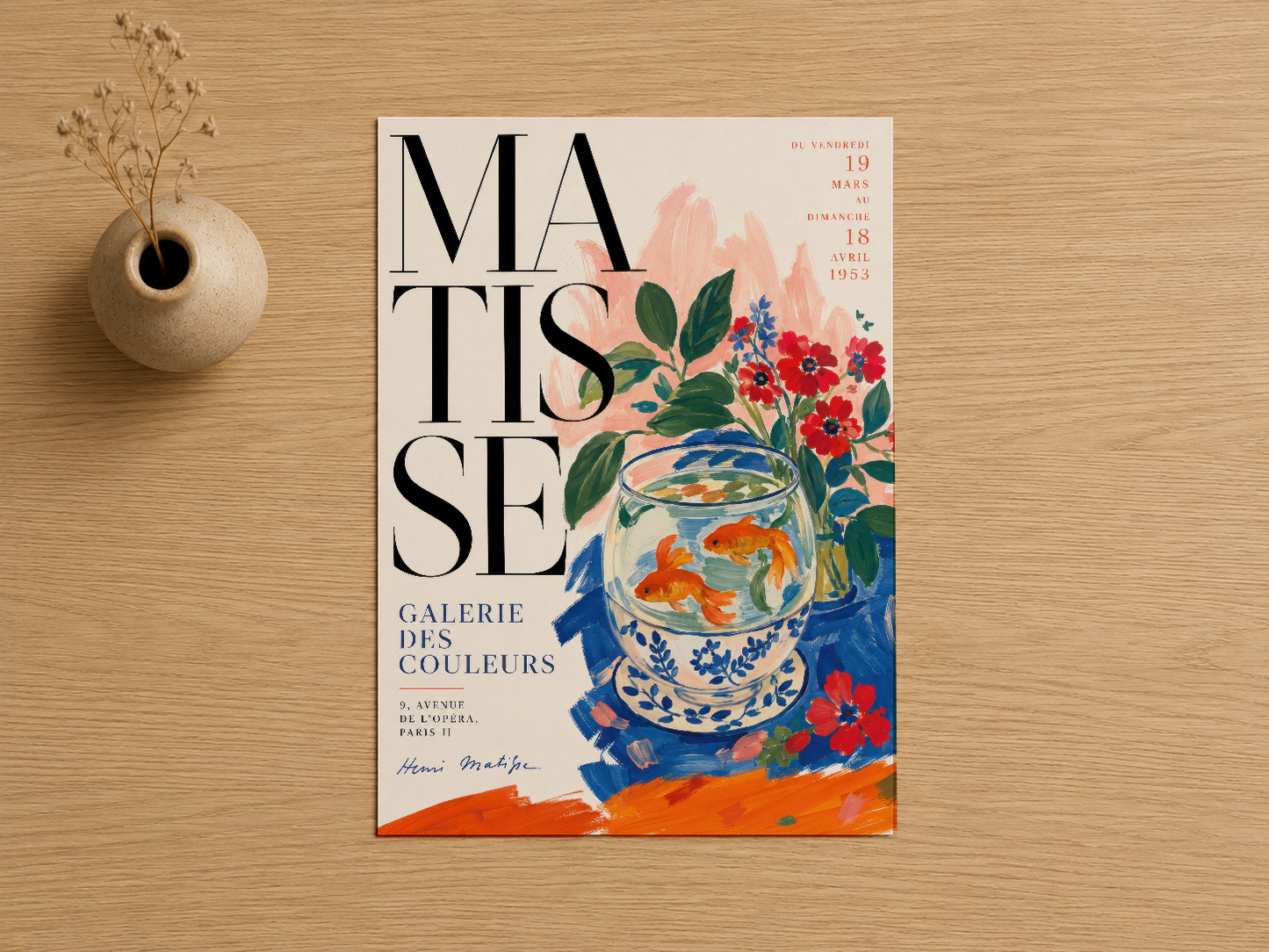 Matisse sergisi posteri, geometrik yazı ve çiçek motifleriyle dolu renkli sanat harikası.