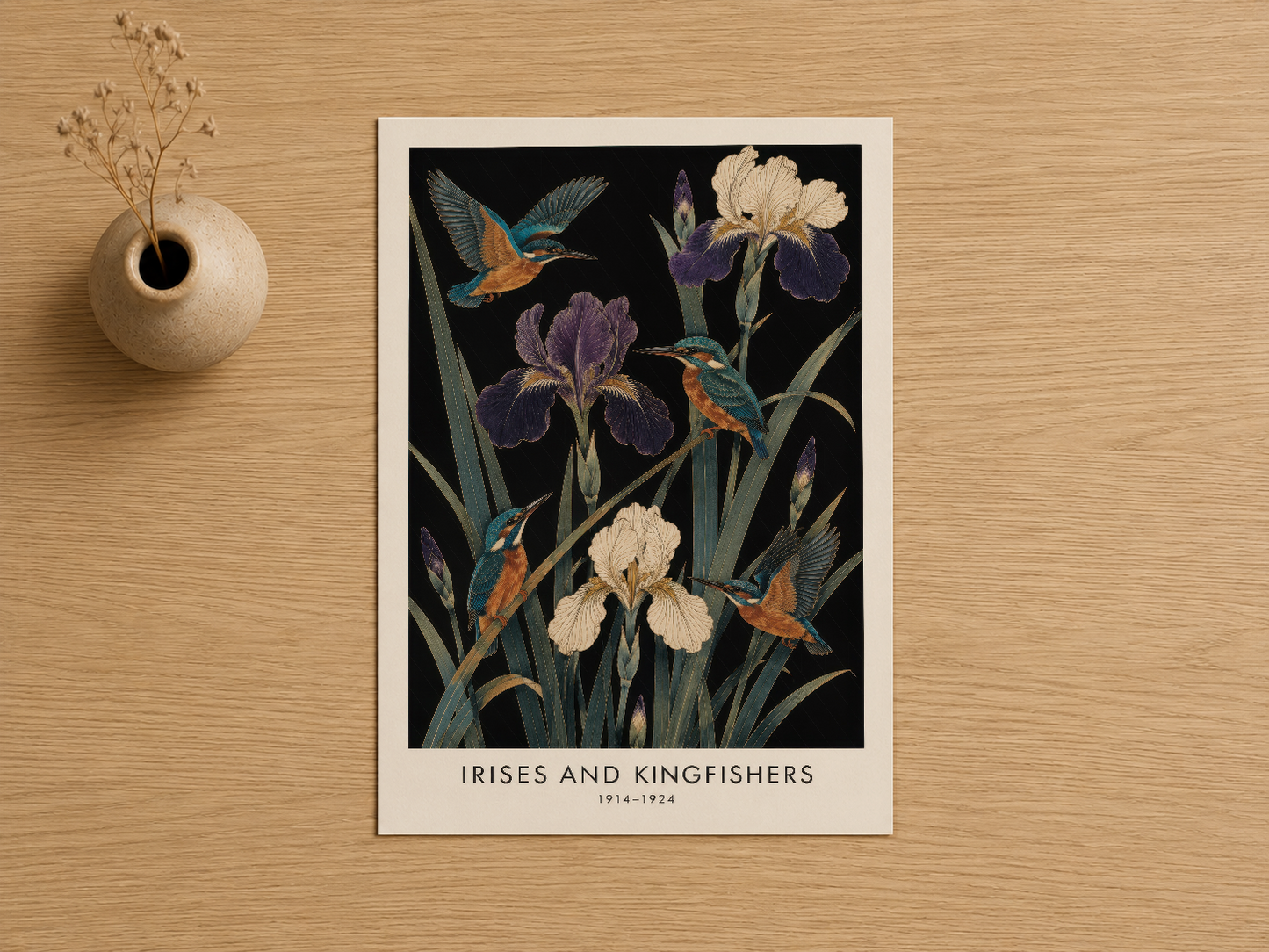 Iris ve kısfişek çiçeklerinin sanat tablosu, klasik botanical tarzında siyah arka plan ve canlı renklendirme
