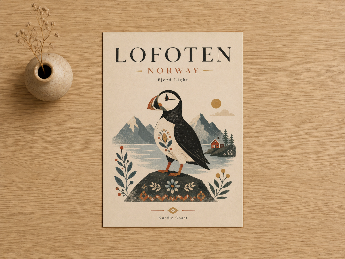 Lofoten Norveç sanat baskısı, krem ton arka planda, puffin kuşu ve kar dağlarını nostaljik Skandinav tasarımında sunuyor.