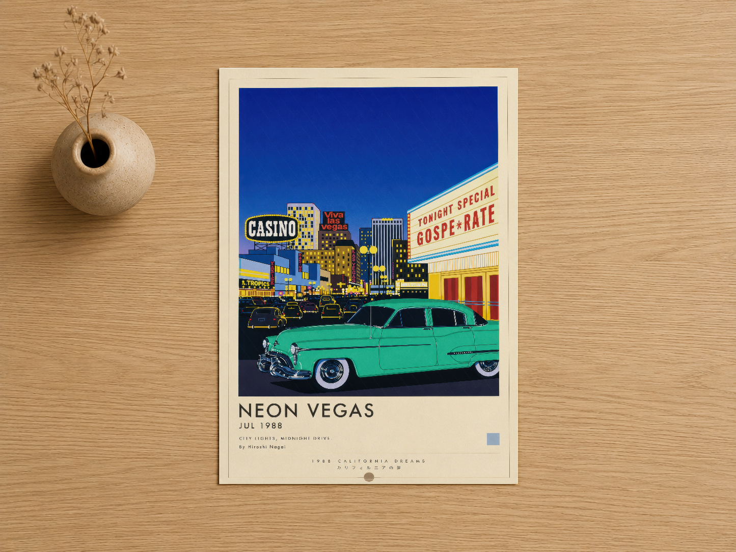 Vintage Vegas temalı poster, turkuaz otomobil ve neon casino ışıkları ile sanatsal duvar tablosu.