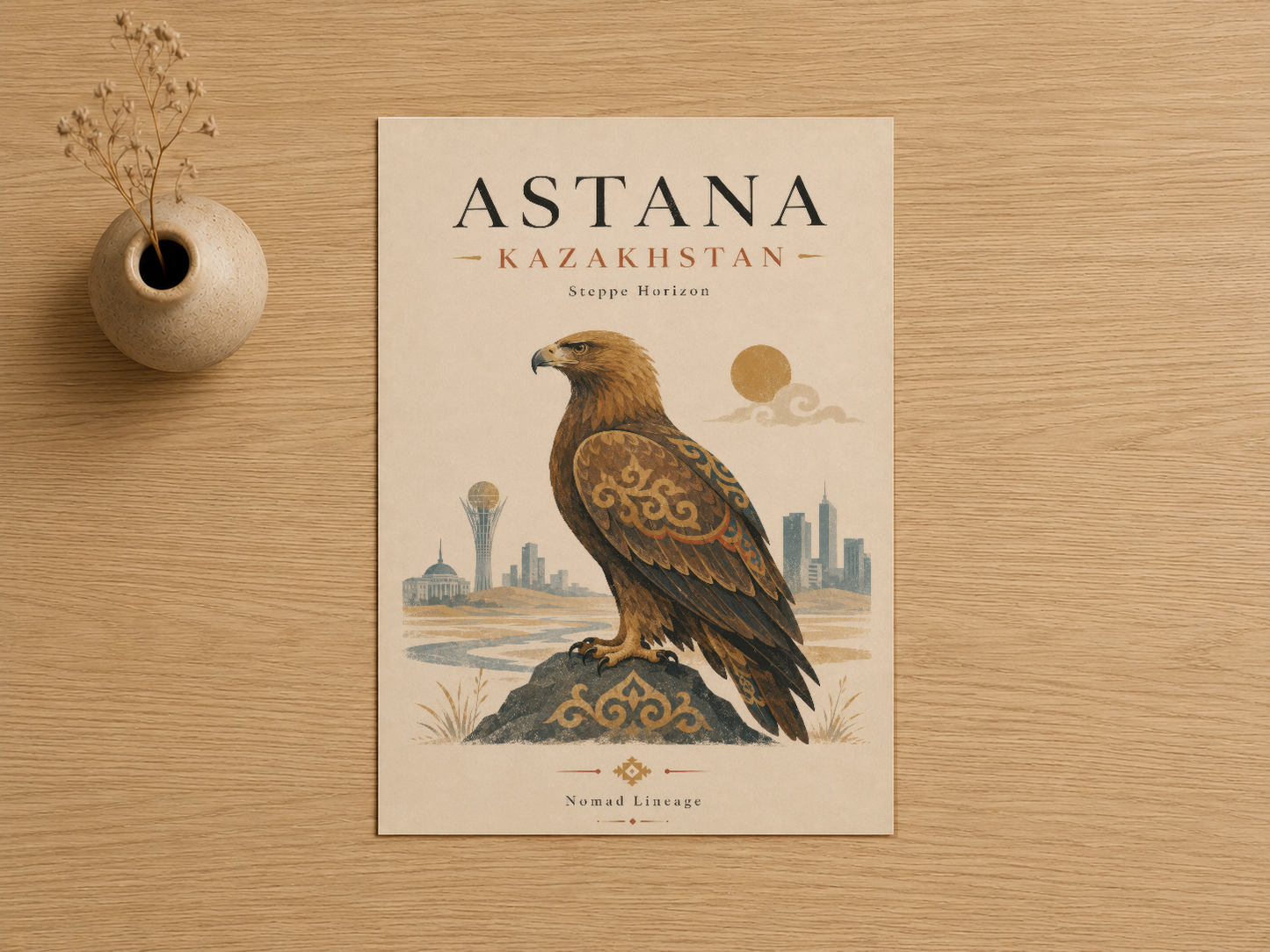 Astana Kazakistan tasarımı, altın detaylı kartal ve şehir silüetiyle vintage sanat tablosu.