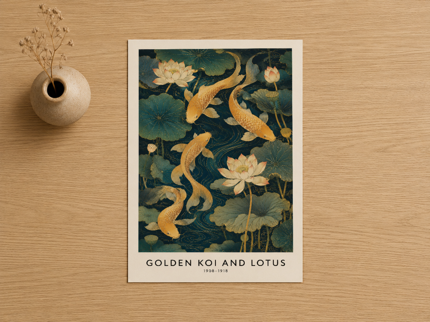 Golden Koi and Lotus başlıklı sanat baskısı, 1908-1918 dönemine ait Japon sanatından ilham alan tablo.