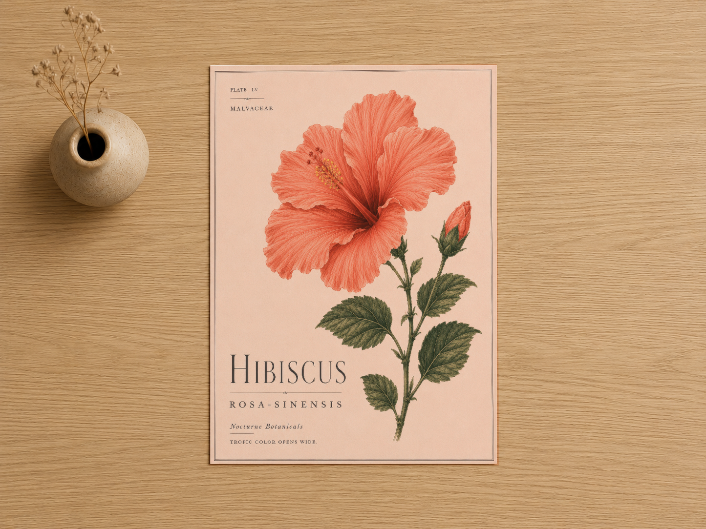 Hibiscus Rosa-Sinensis botanik baskısı, doğal ahşap yüzeyde, vintage tarzda sergilenmiş tasarım.