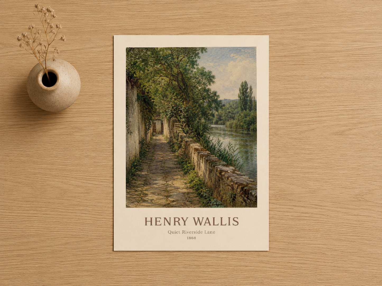 Henry Wallis Quiet Riverside Lane 1868 sanat baskısı, krem matı çerçevede.